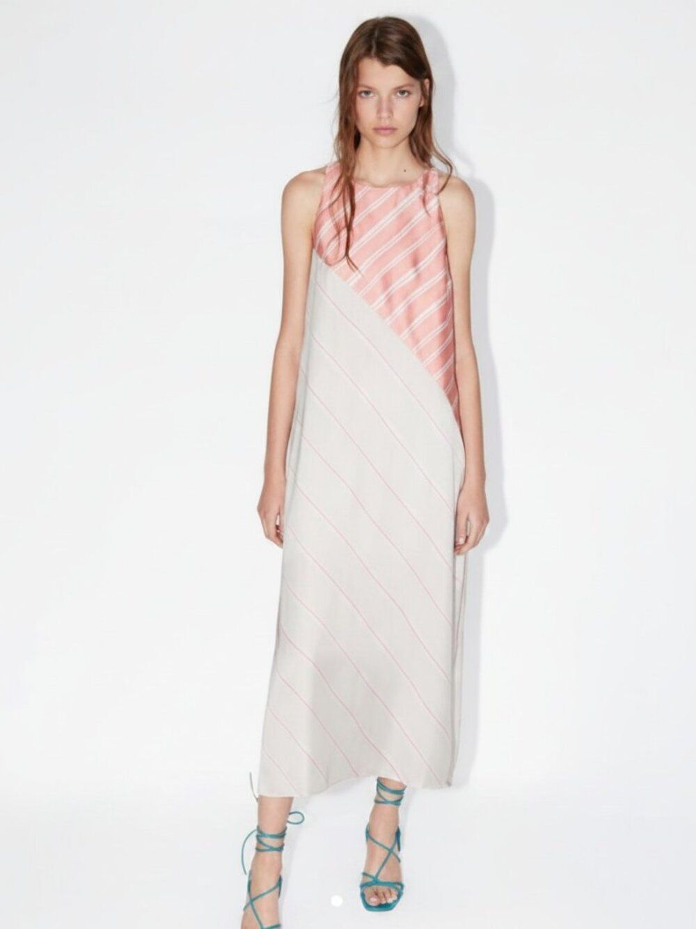 Zara Satin Bias Cut Sleeveless Diagonal Stripe Flowy Dual Side Vent Maxi Dress M